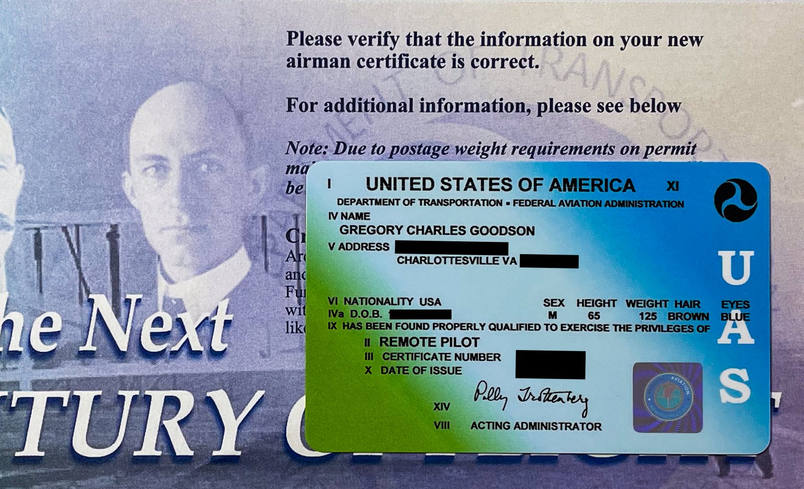 Greg Goodson's FAA Remote Pilot Certificate and certification card